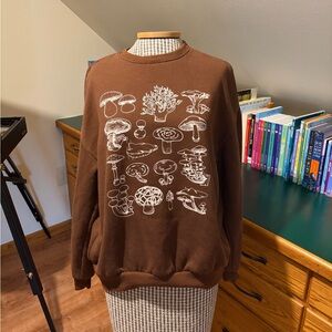 Women’s Cozy Brown Pullover Sweatshirt Size Small Mushrooms Fungi Cottage Core